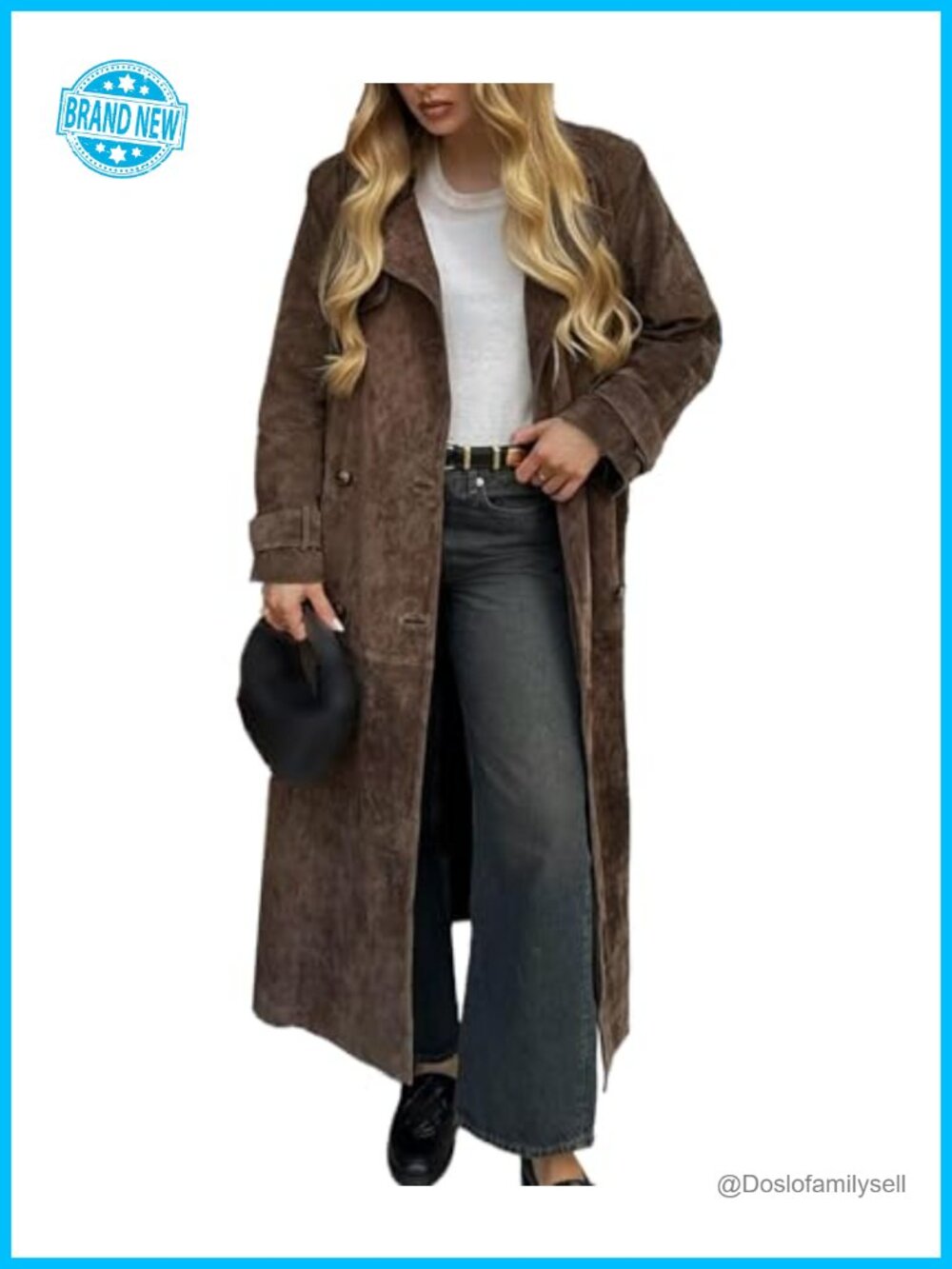 Women's Faux Suede Long Trench Coat Notched Lapel Double Breasted Pea Coat Belt